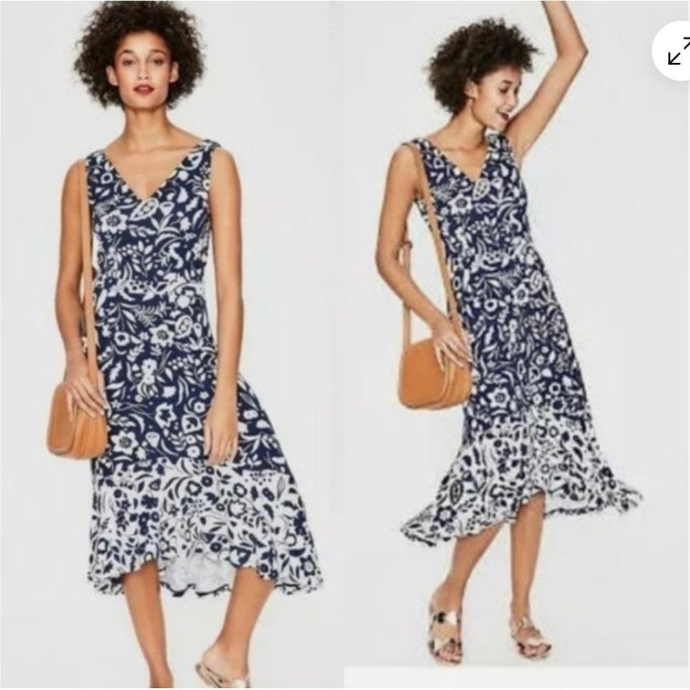 Boden Women Sleeveless Midi Dress Sz 8R Navy/ White floral Hi-low Ruffle Party - Picture 2 of 16